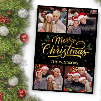Elegante Gouden Prettig Kerstmis Hulst Foto Collag Feestdagenkaart