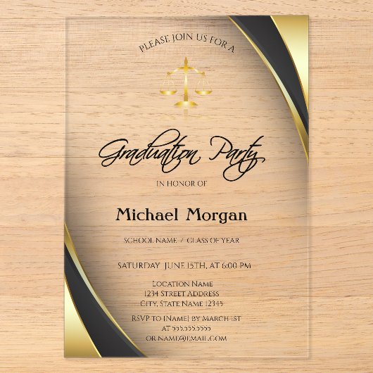 Elegante Gouden Rechtsschaal Rand Grijze Gradatie Acryl Uitnodigingen (Voorkant)