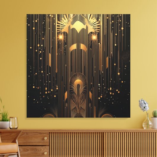 Elegante gouden regen op zwarte art deco canvas afdruk (Insitu (Woonkamer))