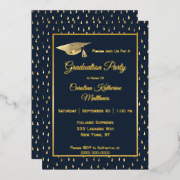 Elegante gouden regendruppels Navyblauwe afstudeer Folie Uitnodiging