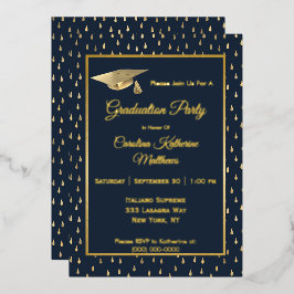 Elegante gouden regendruppels Navyblauwe afstudeer Folie Uitnodiging