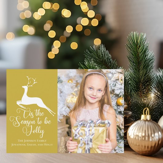 Elegante gouden rendier Kerstmis Familie Foto Feestdagenkaart