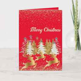 Elegante Gouden Rendieren & Kerstbomen Rood Feestdagen Kaart