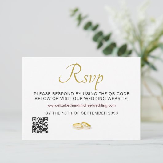 Elegante gouden ringen bruiloft QR-code RSVP (Staand voorkant)