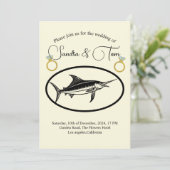 Elegante gouden ringen en marlijn vis bruiloft kaart (Staand voorkant)