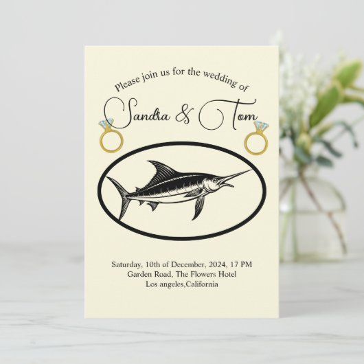 Elegante gouden ringen en marlijn vis bruiloft kaart (Staand voorkant)