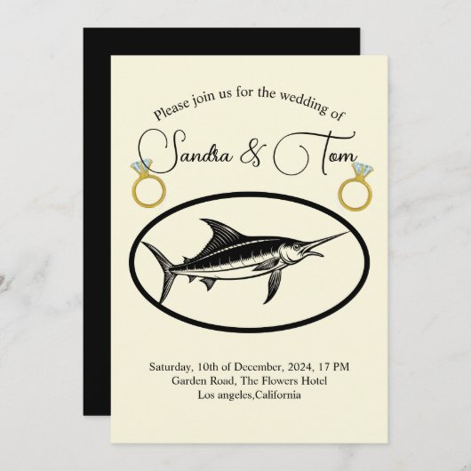 Elegante gouden ringen en marlijn vis bruiloft kaart (Voorkant / Achterkant)