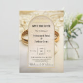 Elegante gouden ringen Save the Date (Staand voorkant)