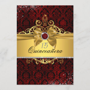 Elegante gouden robijnrode damast Quinceanera uitn Kaart