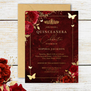 Elegante Gouden Rode Bloemige Vlinder Quinceanera Folie Uitnodiging