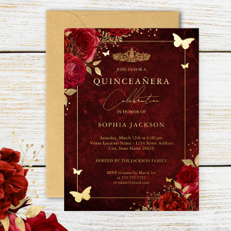 Elegante Gouden Rode Bloemige Vlinder Quinceanera Folie Uitnodiging