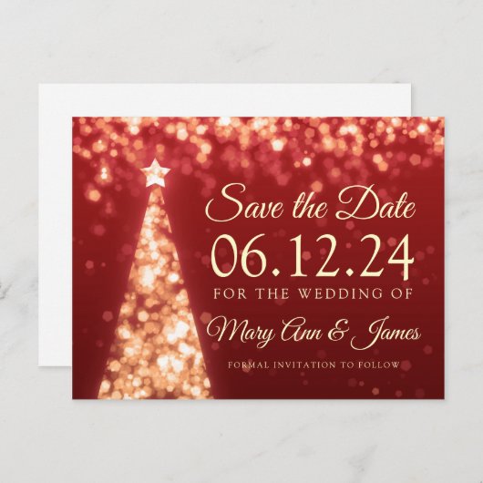 Elegante gouden rode kerst bruiloft Save the date Aankondigingskaart (Voorkant / Achterkant)