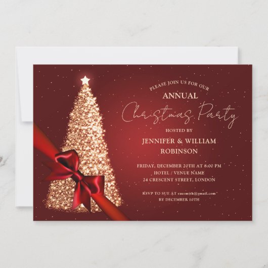 Elegante gouden rode kerstboom lint vakantie parti kaart (Voorkant)