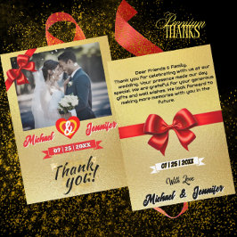 Elegante gouden & rode lint Custom Photo Wedding Bedankkaart