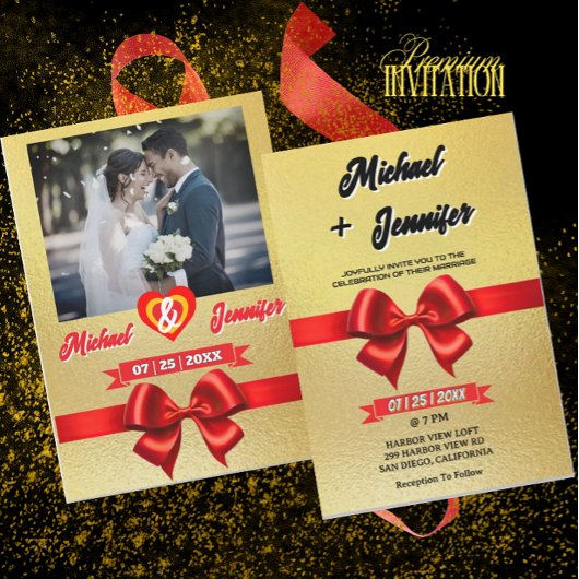 Elegante gouden & rode lint Custom Photo Wedding Kaart