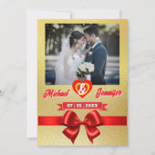 Elegante gouden & rode lint Custom Photo Wedding Kaart (Voorkant)