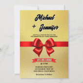 Elegante gouden & rode lint Custom Photo Wedding Kaart (Achterkant)