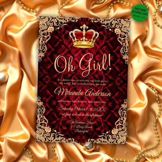 Elegante Gouden Rode Prinsessen Kroon Baby Shower Kaart