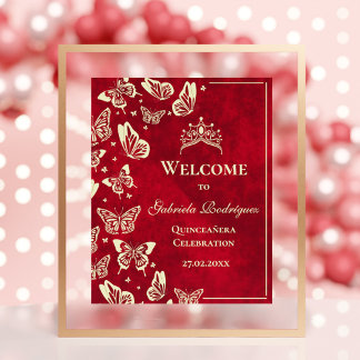 Elegante gouden rode Quinceañera vlinders welkom Poster