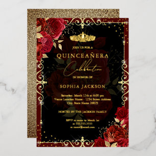 Elegante Gouden Rode Roos Quinceanera Folie Uitnodiging