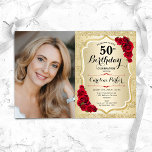 Elegante gouden rode rozen foto 50e verjaardag kaart<br><div class="desc">Elegante bloemenvrouwelijke 50e verjaardagsuitnodiging met uw foto. Glam ontwerp met faux glitter goud. Met strepen,  rode rozen,  script lettertype en confetti. Perfect voor een stijlvol volwassen feestje. Personaliseer met je eigen gegevens. Kan voor om het even welke leeftijd worden aangepast! Gedrukte Zazzle-uitnodigingen of direct download digitale afdrukbare sjabloon.</div>