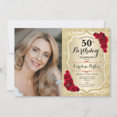 Elegante gouden rode rozen foto 50e verjaardag kaart (Voorkant)