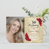 Elegante gouden rode rozen foto 50e verjaardag kaart (Staand voorkant)