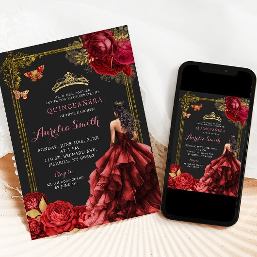 Elegante gouden rode rozen Royal Quinceañera Kaart