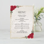 Elegante gouden romantische rode rozen bruiloft menu (Staand voorkant)