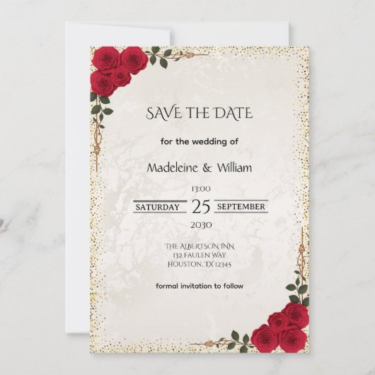 Elegante gouden romantische rode rozen bruiloft save the date (Voorkant)
