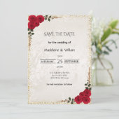 Elegante gouden romantische rode rozen bruiloft save the date (Staand voorkant)