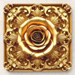 Elegante Gouden Roos met Sierlijke Decoratieve Lij Bier Onderzetter