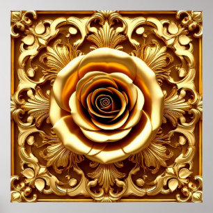 Elegante Gouden Roos met Sierlijke Decoratieve Lij Poster