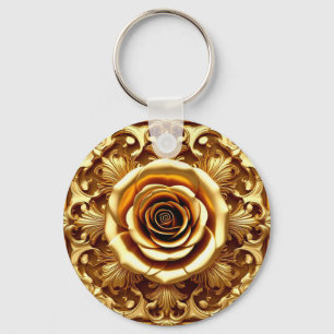 Elegante Gouden Roos met Sierlijke Decoratieve Lij Sleutelhanger