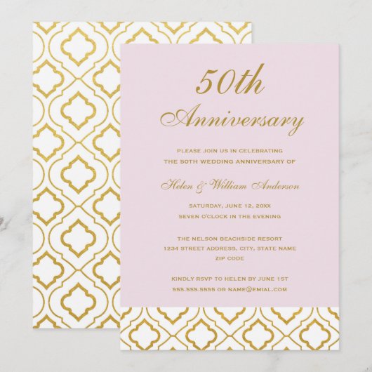 Elegante gouden & roze 50ste huwelijksverjaardag kaart (Voorkant / Achterkant)