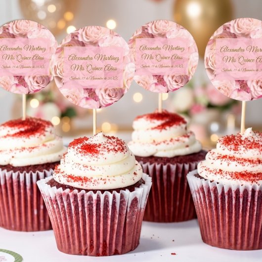 Elegante Gouden Roze Bloem Quinceañera Ronde Sticker