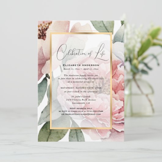 Elegante Gouden Roze Bloemen Foto Viering van het  Kaart (Staand voorkant)