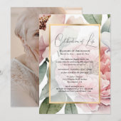 Elegante Gouden Roze Bloemen Foto Viering van het  Kaart (Voorkant / Achterkant)