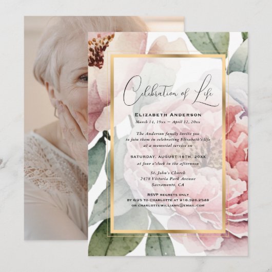 Elegante Gouden Roze Bloemen Foto Viering van het  Kaart (Voorkant / Achterkant)