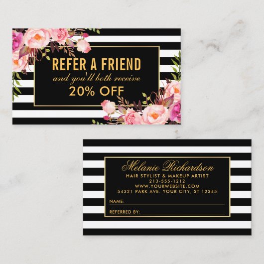 Elegante gouden roze bloemen gestreepte verwijzing visitekaartje (Voorkant / Achterkant)