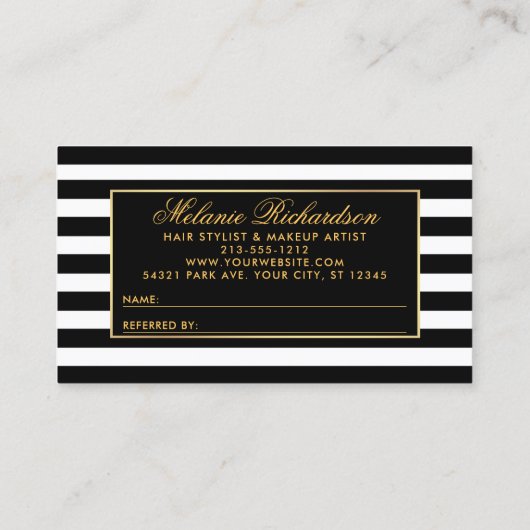 Elegante gouden roze bloemen gestreepte verwijzing visitekaartje (Achterkant)