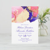 Elegante gouden roze en paarse inktwaste bruiloft kaart (Staand voorkant)