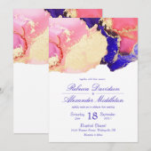 Elegante gouden roze en paarse inktwaste bruiloft kaart (Voorkant / Achterkant)