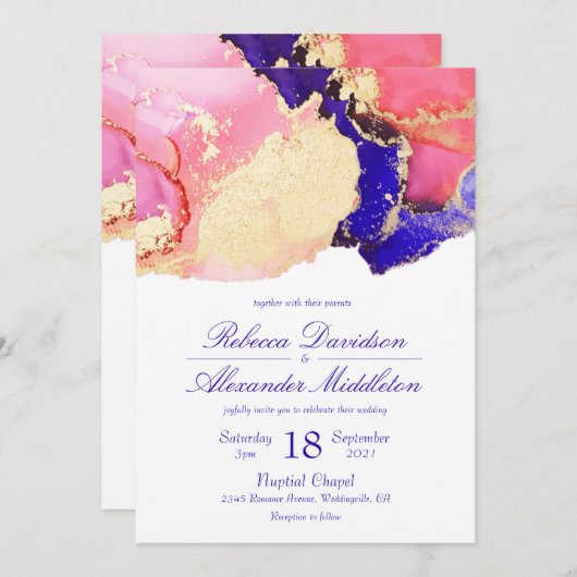 Elegante gouden roze en paarse inktwaste bruiloft kaart (Voorkant / Achterkant)