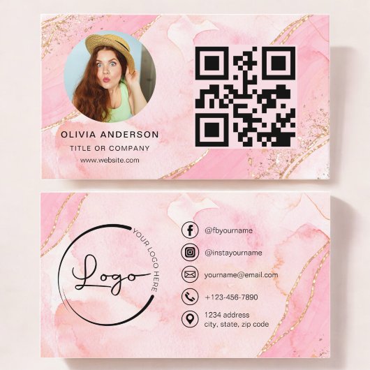 Elegante Gouden Roze Glitter QR Code Moderne foto Visitekaartje