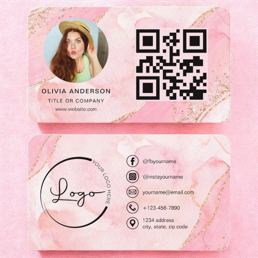 Elegante Gouden Roze Glitter QR Code Moderne foto Visitekaartje