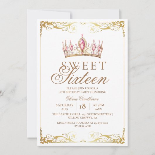 Elegante Gouden & Roze Sweet 16 Kroon Verjaardagsf Kaart (Voorkant)