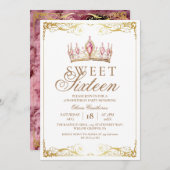 Elegante Gouden & Roze Sweet 16 Kroon Verjaardagsf Kaart (Voorkant / Achterkant)