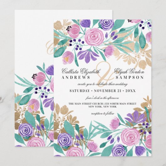 Elegante gouden roze violette bloem Waterverf brui Kaart (Voorkant / Achterkant)