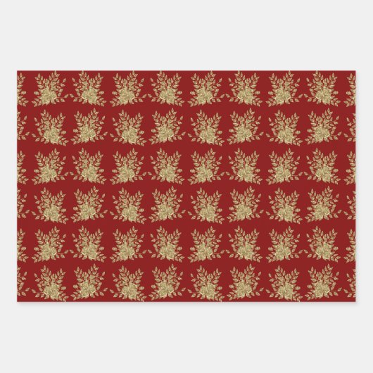 Elegante gouden rozen en bladeren patroon rood inpakpapier vel (Voorkant 3)